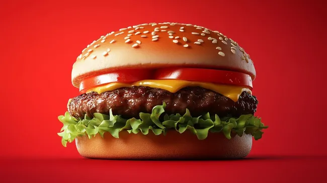 Appetitlicher Hamburger mit Tomate und Käse vor rotem Hintergrund