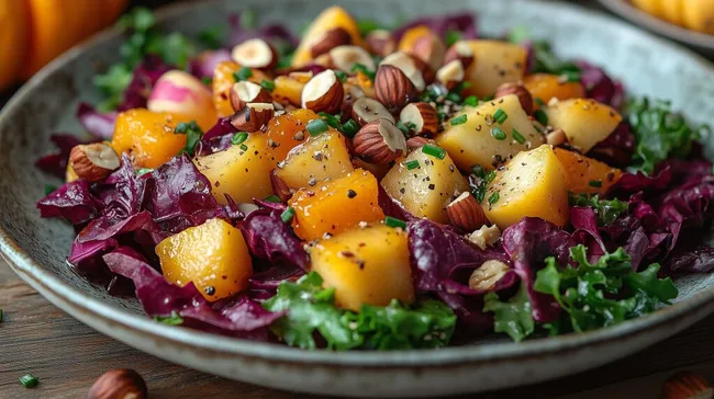 Appetitlicher Herbstsalat mit Kürbis und Nüssen