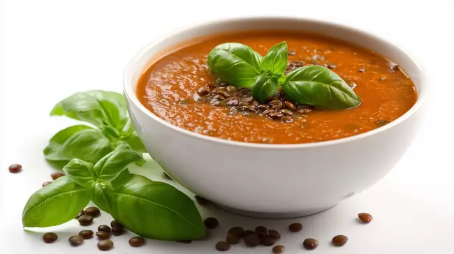 Appetitlicher italienischer Tomatensuppe mit Basilikum
