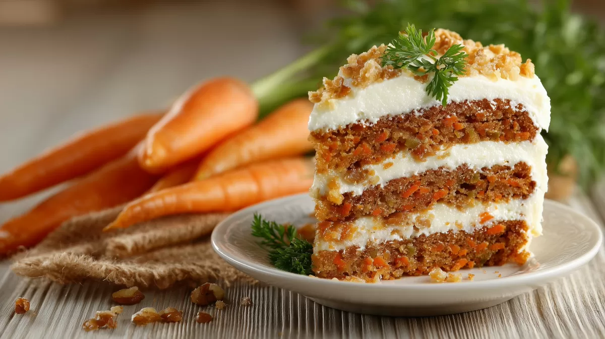 Appetitlicher Karottenkuchen auf Holztisch