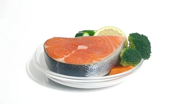 Appetitlicher Lachsfilet mit Gemüse auf weißem Teller