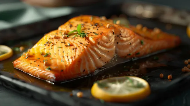 Appetitlicher Lachsfilet mit Gewürzen und Zitrone