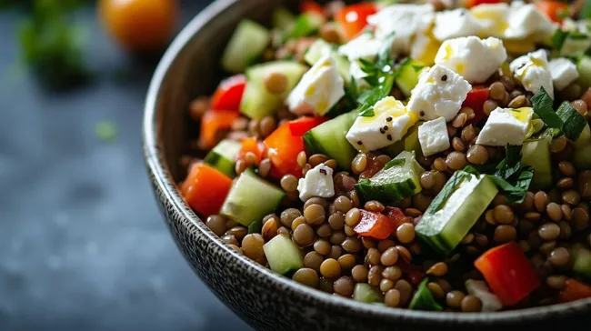 Appetitlicher Linsen-Salat mit Feta, Gurke und Paprika