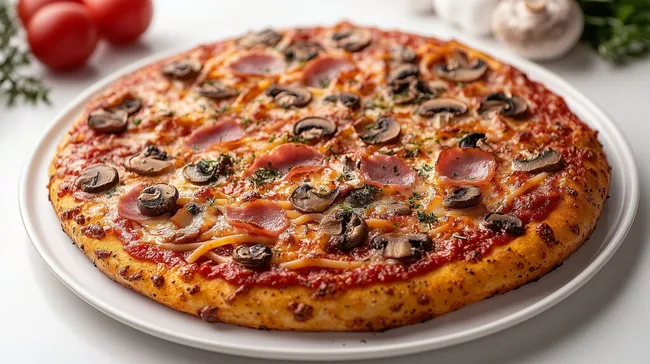 Appetitlicher Pizzagenuss mit Tomaten und Pilzen