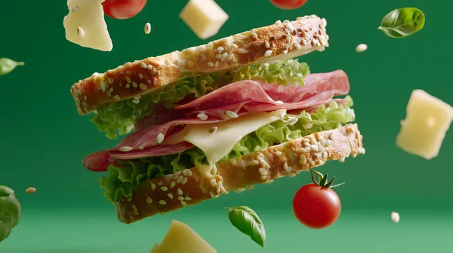 Appetitlicher Sandwich mit Salami, Käse und Salat