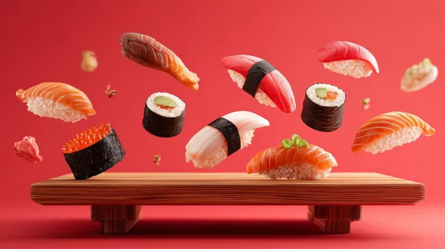 Appetitlicher Sushi-Teller auf Holzplatte vor rotem Hintergrund