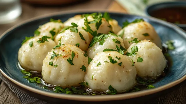 Appetitlicher Teller mit gedämpften Kartoffelknödeln
