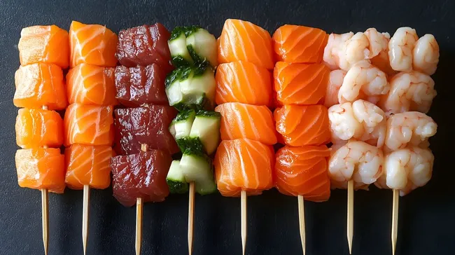 Appetitlicher Teller mit leckeren Meeresfrüchte-Spießen