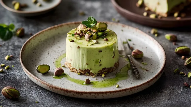 Appetitlicher veganer Pistazienkuchen mit grüner Soße