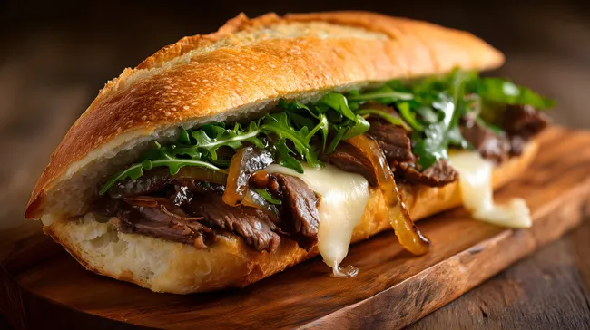 Appetitliches Beef-Sandwich mit Käse und Rucola
