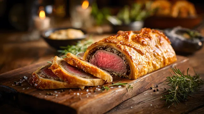 Appetitliches Beef Wellington auf Holzbrett