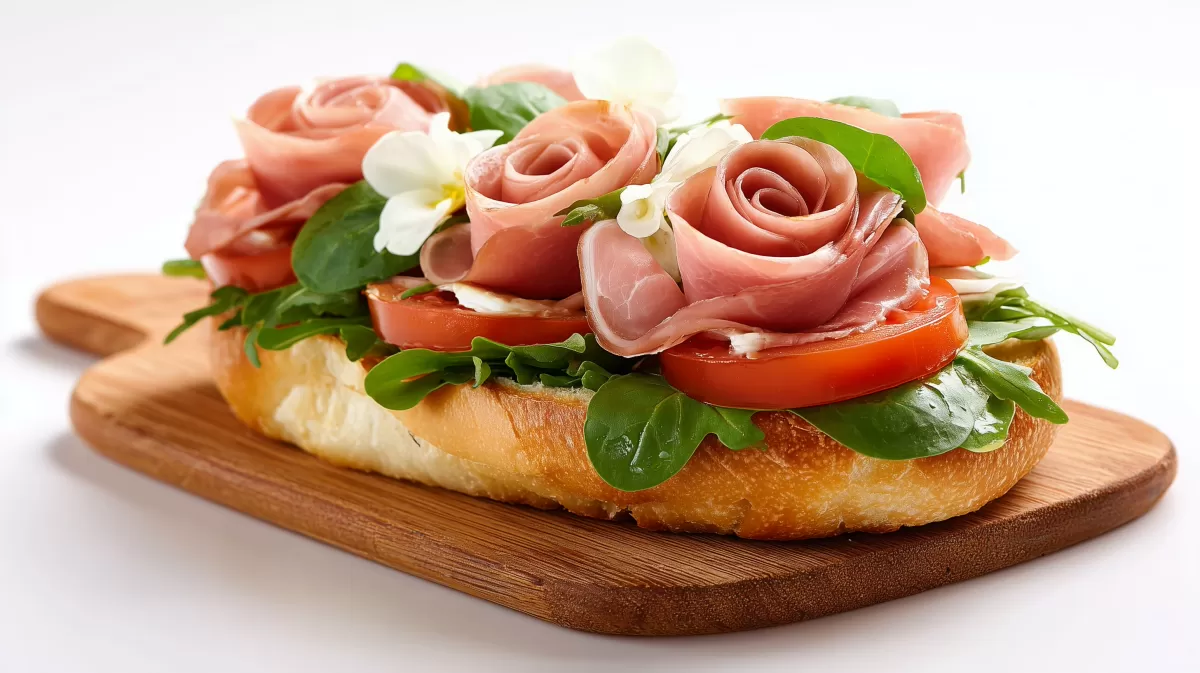 Appetitliches Brot mit Rosenblüten und Tomaten