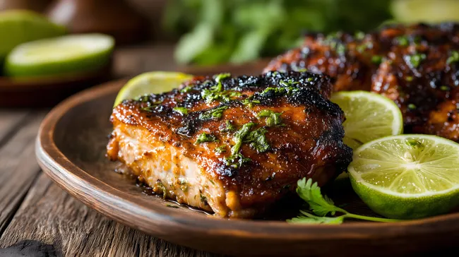 Appetitliches glasiertes Hähnchenstück auf rustikalem Holzteller