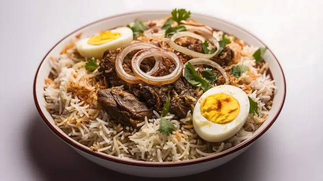 Appetitliches Hyderabadi-Mutton-Biryani-Gericht mit Eiern und Zwiebeln