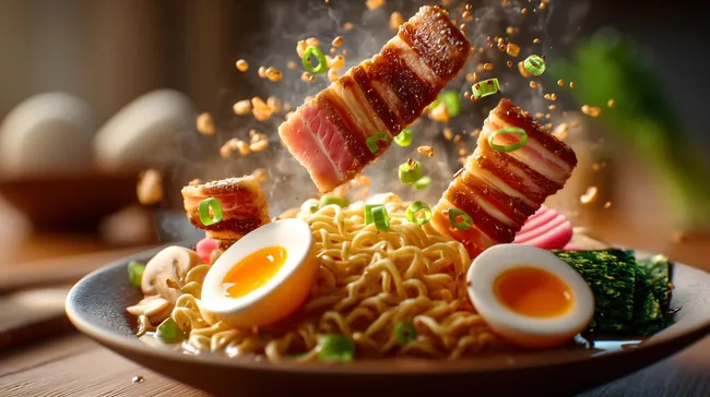 Appetitliches japanisches Ramen-Gericht mit Schweinebauch und Ei