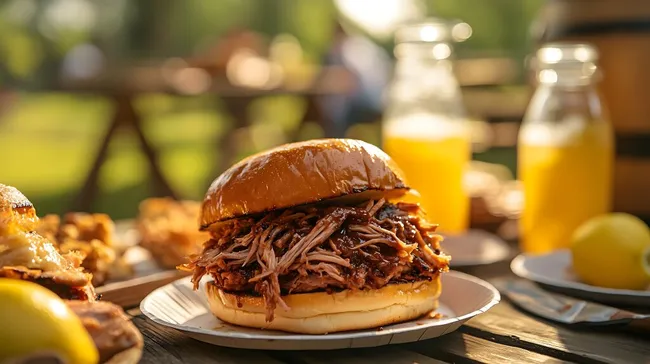 Appetitliches Pulled Pork Sandwich mit Orangensaft