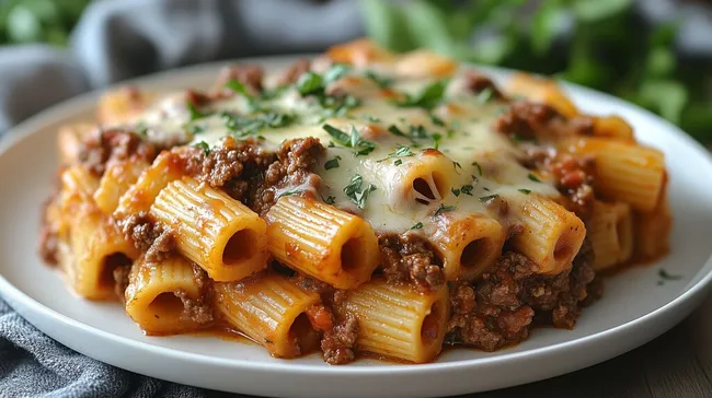 Appetitliches Rigatoni-Hackfleisch-Auflauf mit Käse überbacken