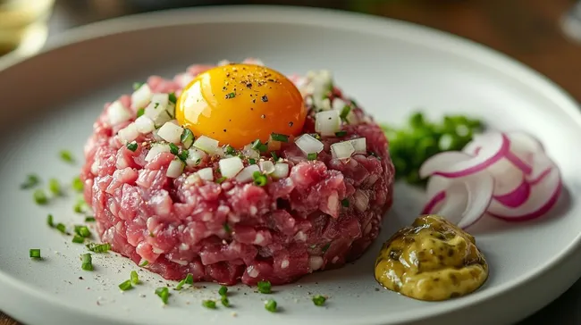 Appetitliches Rindertatar mit rohem Eigelb und Zwiebelringen