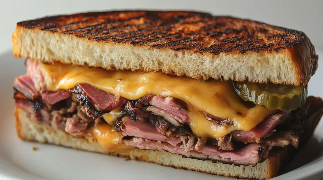 Appetitliches Sandwich mit geschmolzenem Käse und saftigen Fleischstücken