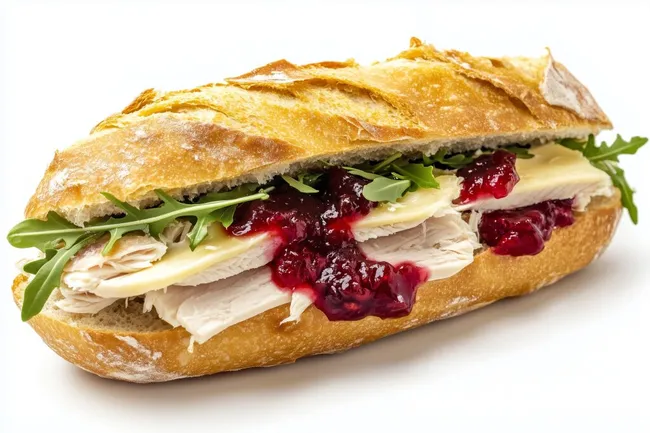 Appetitliches Sandwich mit Pute, Brie und Preiselbeeren