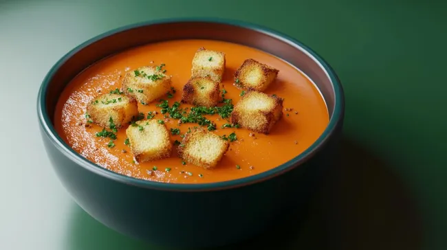 Appetitliches Tomaten-Cremesuppe-Gericht mit Brotwürfeln