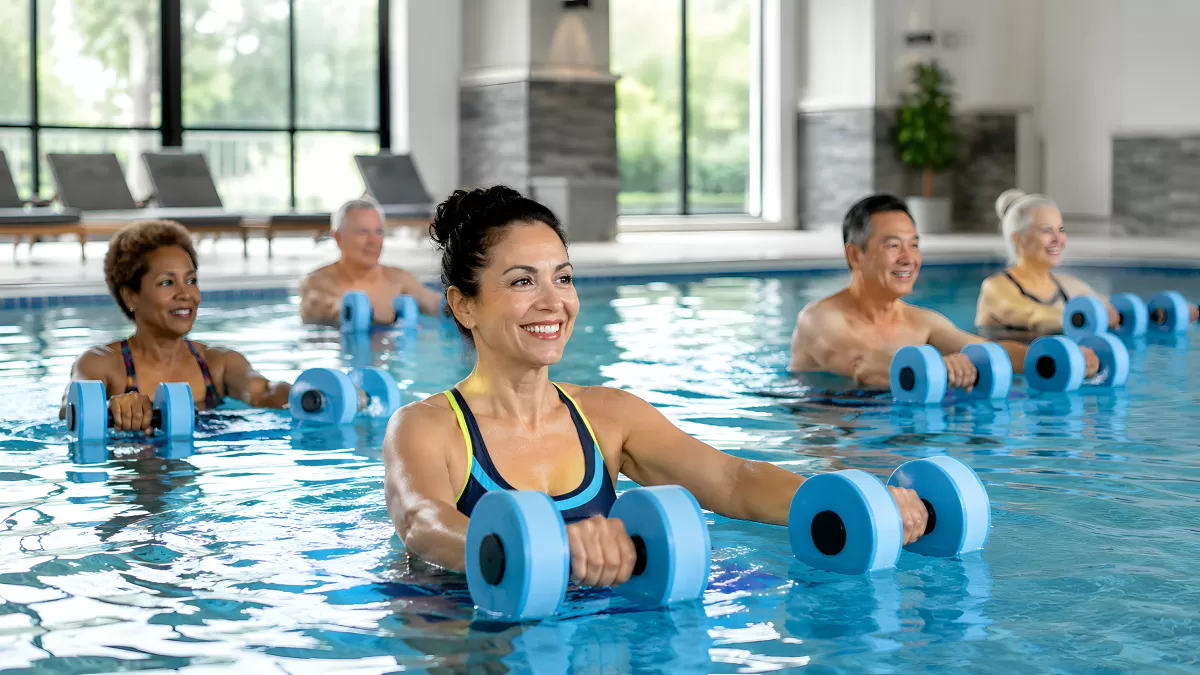 Aqua-Fitness-Gruppe mit Schaumstoffhanteln im Hallenbad