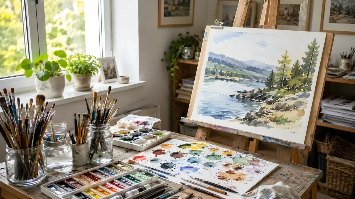 Aquarell-Atelier mit Landschaftsbild auf Staffelei