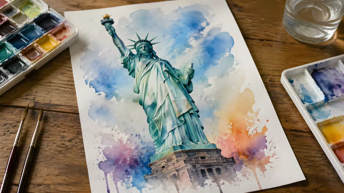 Aquarell der Freiheitsstatue auf Holztisch mit Pinsel