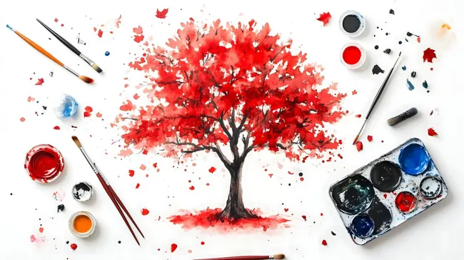 Aquarellgemalter Herbstbaum mit Farbpalette