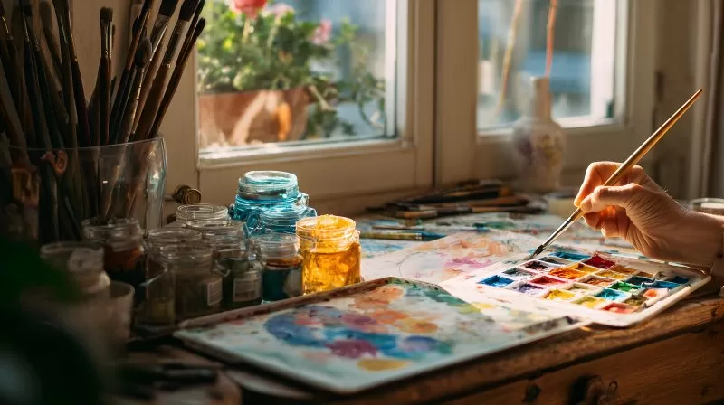 Aquarellmalerei am Fenster mit Künstlerhandl_photo_of_watercolor_painting_at_window_artists_hand_e361d246-df81-4fe2-a980-b9d5b138785d