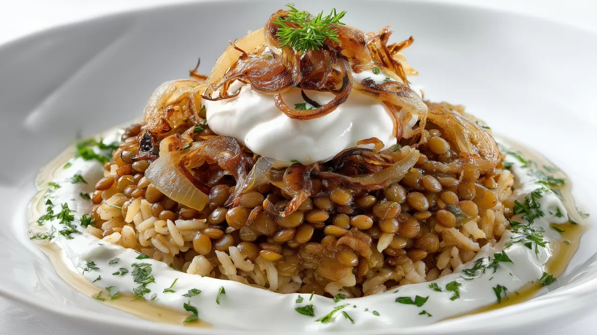 Arabische Linsen mit Reis Mujadara mit Joghurt