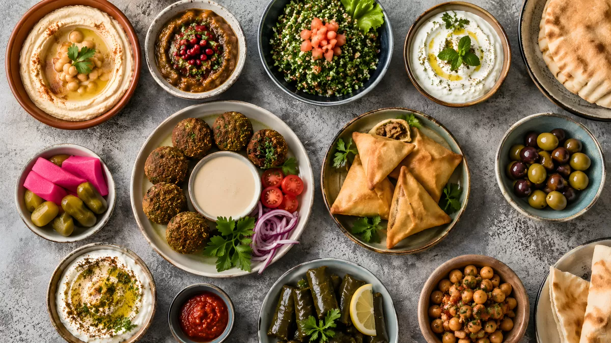 Arabische Mezze-Tafel mit Falafel und Hummus