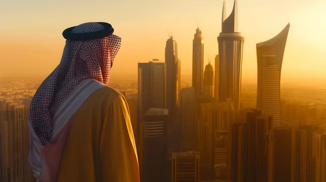 Arabischer Mann betrachtet Dubai-Skyline bei Sonnenuntergang