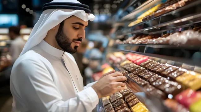 Arabischer Mann wählt Schokolade in Supermarkt aus