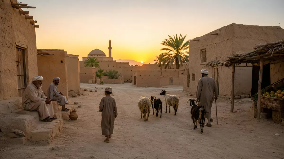 Arabisches Dorf bei Sonnenuntergang mit Ziegenherde