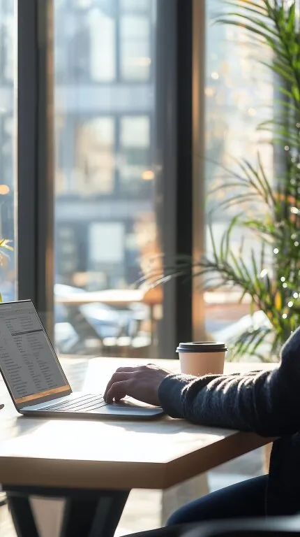 Arbeit am Laptop bei Kaffee in gemütlicher Cafe-Atmosphäre