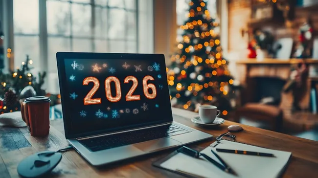 Arbeiten am Laptop in festlicher Weihnachtsstimmung