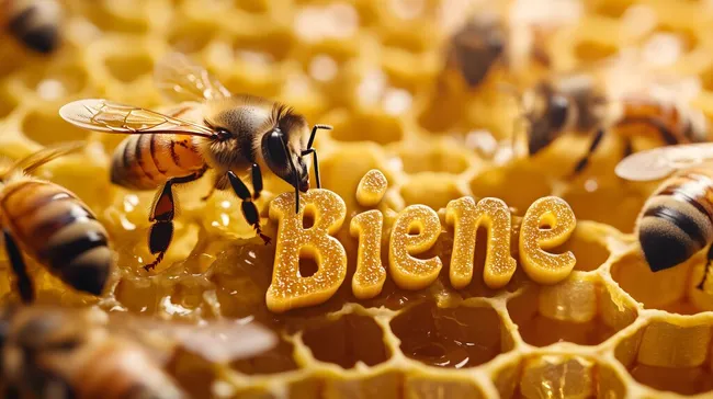 Arbeitende Bienen auf Honigwaben mit goldenem Schriftzug