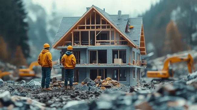 Arbeiter auf Baustelle neben halbfertigem Holzhaus