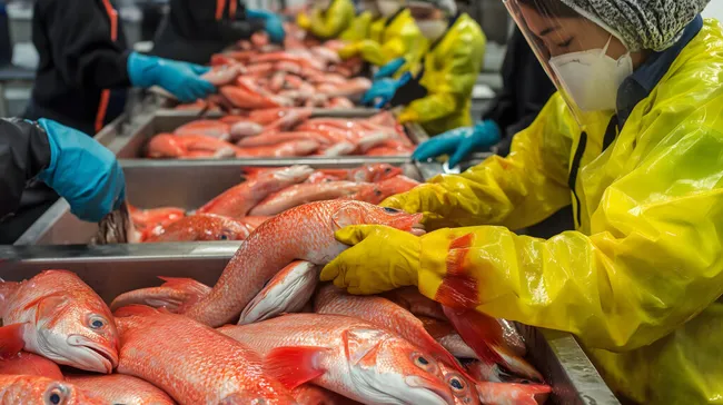 Arbeiter bei der Verarbeitung von frischem Fisch in einer Fischfabrik