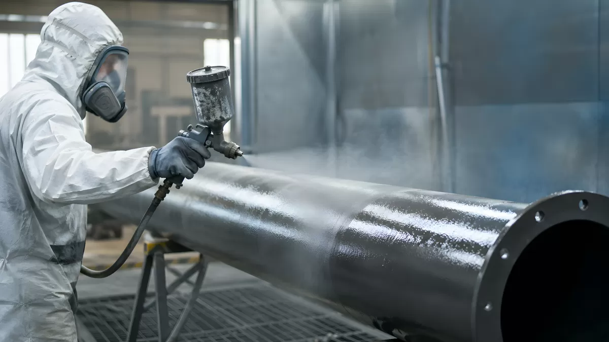 Arbeiter beschichtet großes Metallrohr mit Sprühpistole
