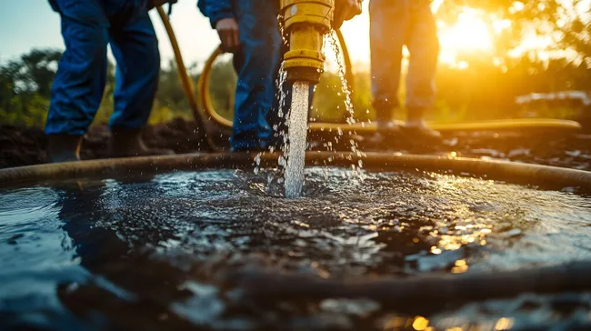 Arbeiter bohrt nach Wasser bei Sonnenuntergang