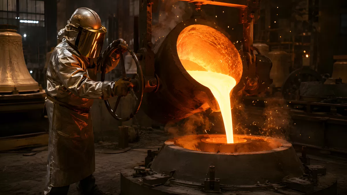 Arbeiter gießt flüssiges Metall in einer Gießerei