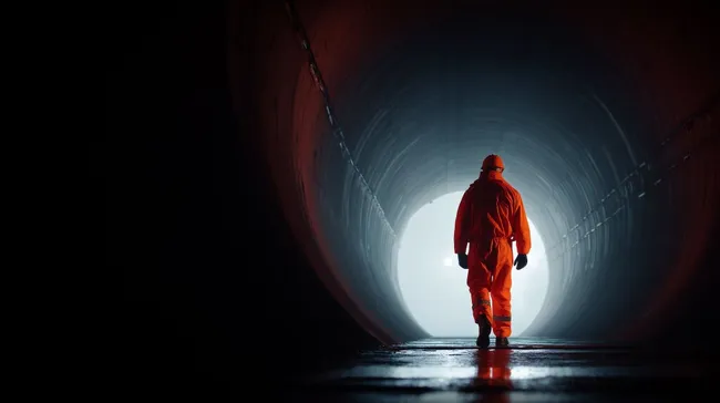 Arbeiter in leuchtend orangem Schutzanzug im dunklen Tunnelschacht