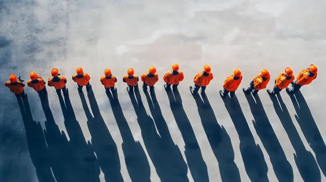 Arbeiter in orangener Schutzkleidung in Reih' und Glied