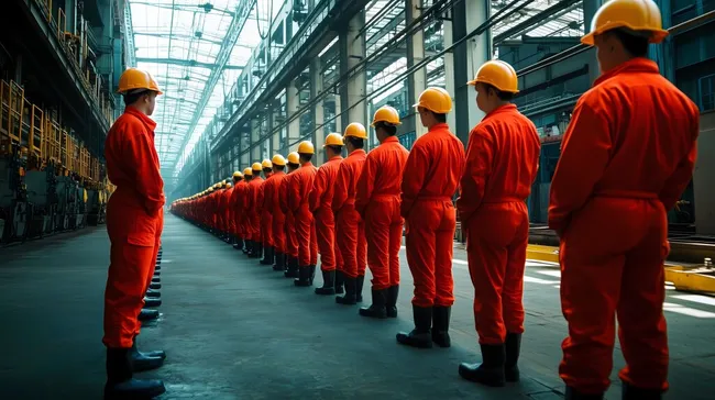 Arbeiter in Reihe in moderner Fabrikhalle