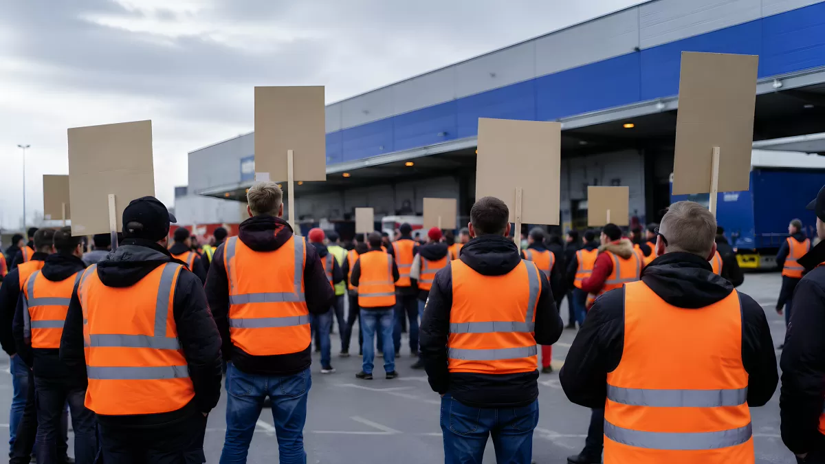 Arbeiter in Warnwesten bei Streik vor Logistikzentrum