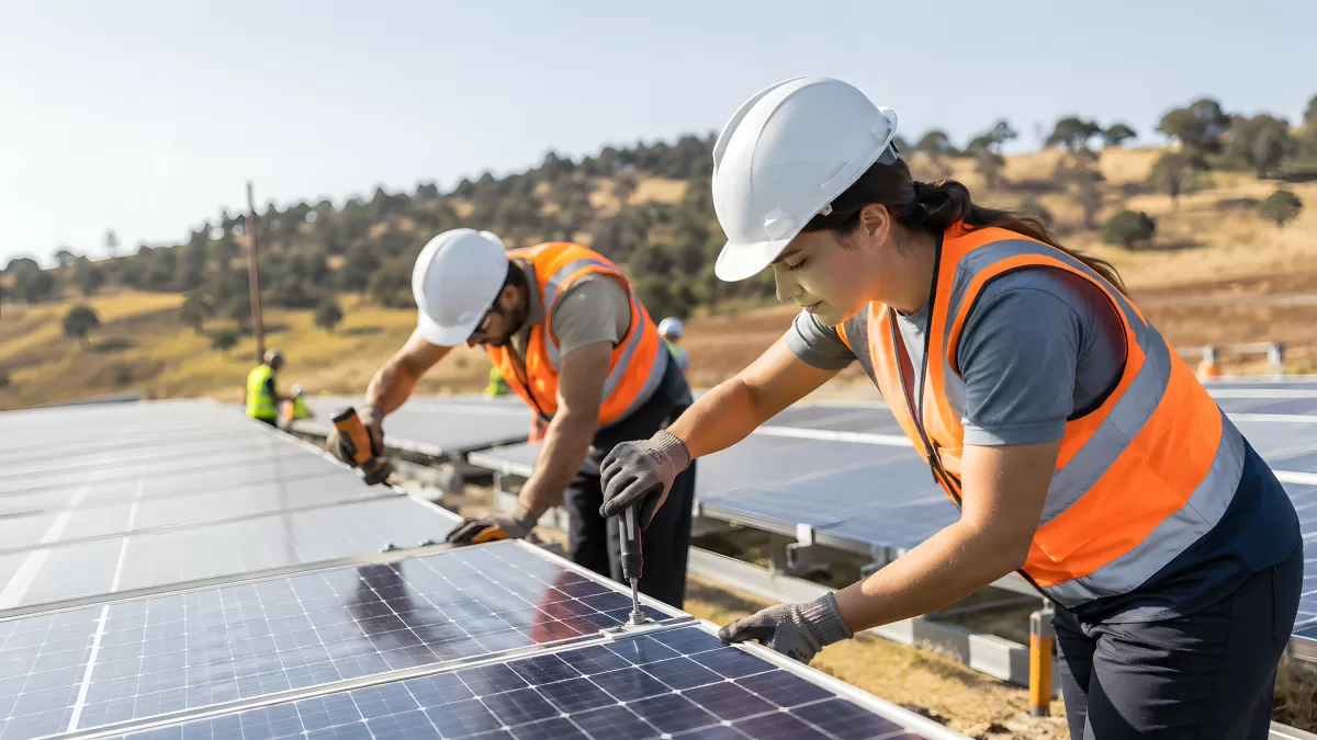Arbeiter installieren Solarmodule auf einem Solarfeld