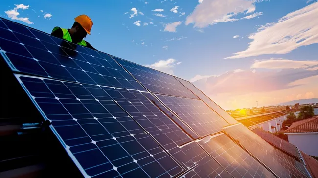 Arbeiter installiert Solarmodule auf Dach bei Sonnenuntergang