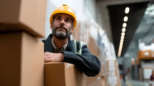 Arbeiter mit Schutzhelm prüft Lagerbestand